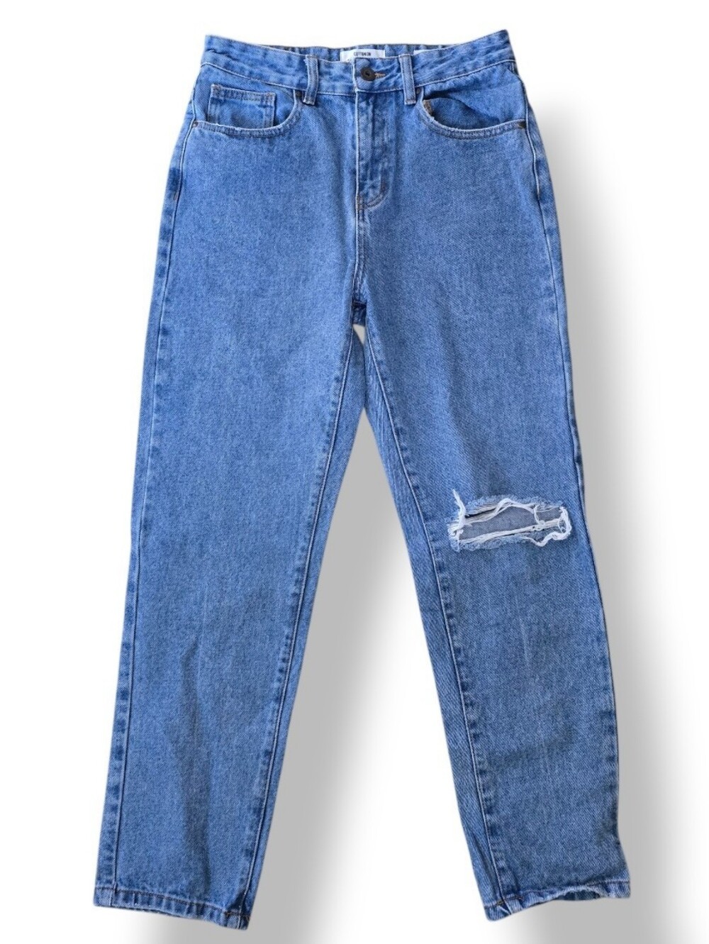 Cotton On Mom Jeans in Medium Blue with Distressed Knee Size 6